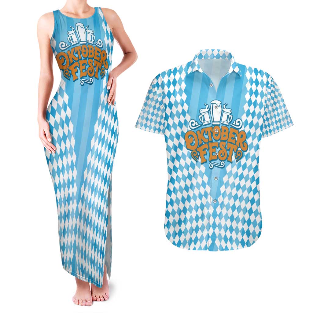 Oktoberfest Couples Matching Tank Maxi Dress and Hawaiian Shirt with Beer Glass Illustration Blue White Diamond - Wonder Print Shop