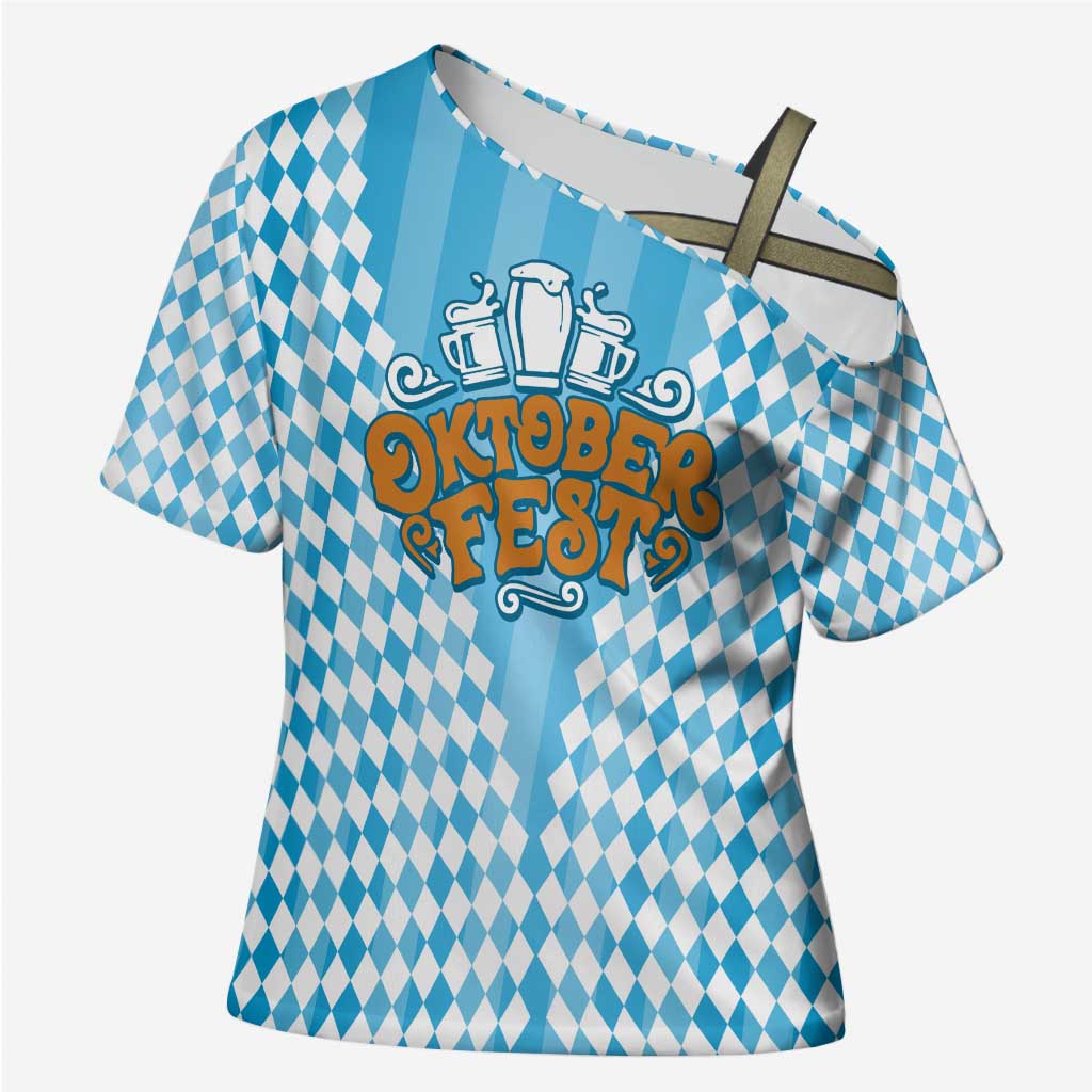 Oktoberfest Cross Shoulder Shirt with Beer Glass Illustration Blue White Diamond - Wonder Print Shop