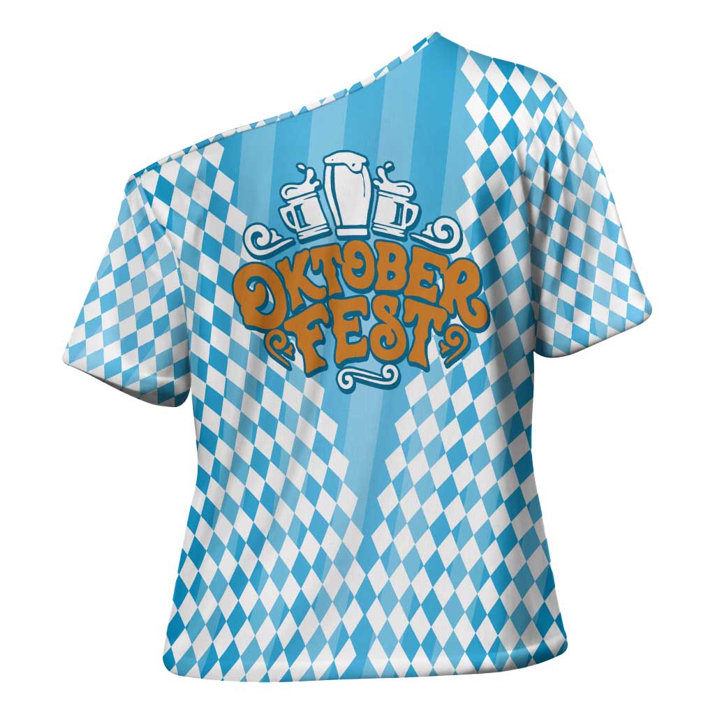 Oktoberfest Cross Shoulder Shirt with Beer Glass Illustration Blue White Diamond - Wonder Print Shop