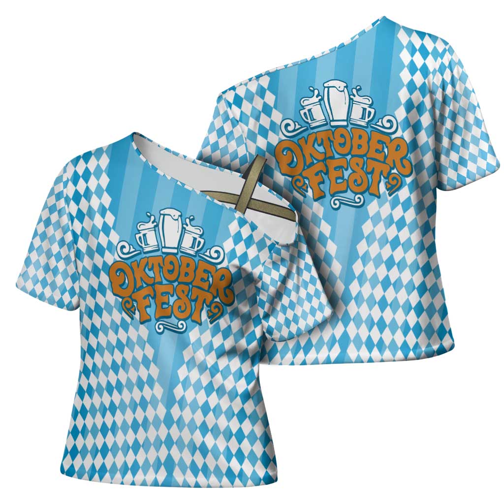 Oktoberfest Cross Shoulder Shirt with Beer Glass Illustration Blue White Diamond - Wonder Print Shop