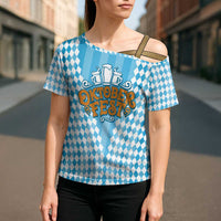 Oktoberfest Cross Shoulder Shirt with Beer Glass Illustration Blue White Diamond - Wonder Print Shop