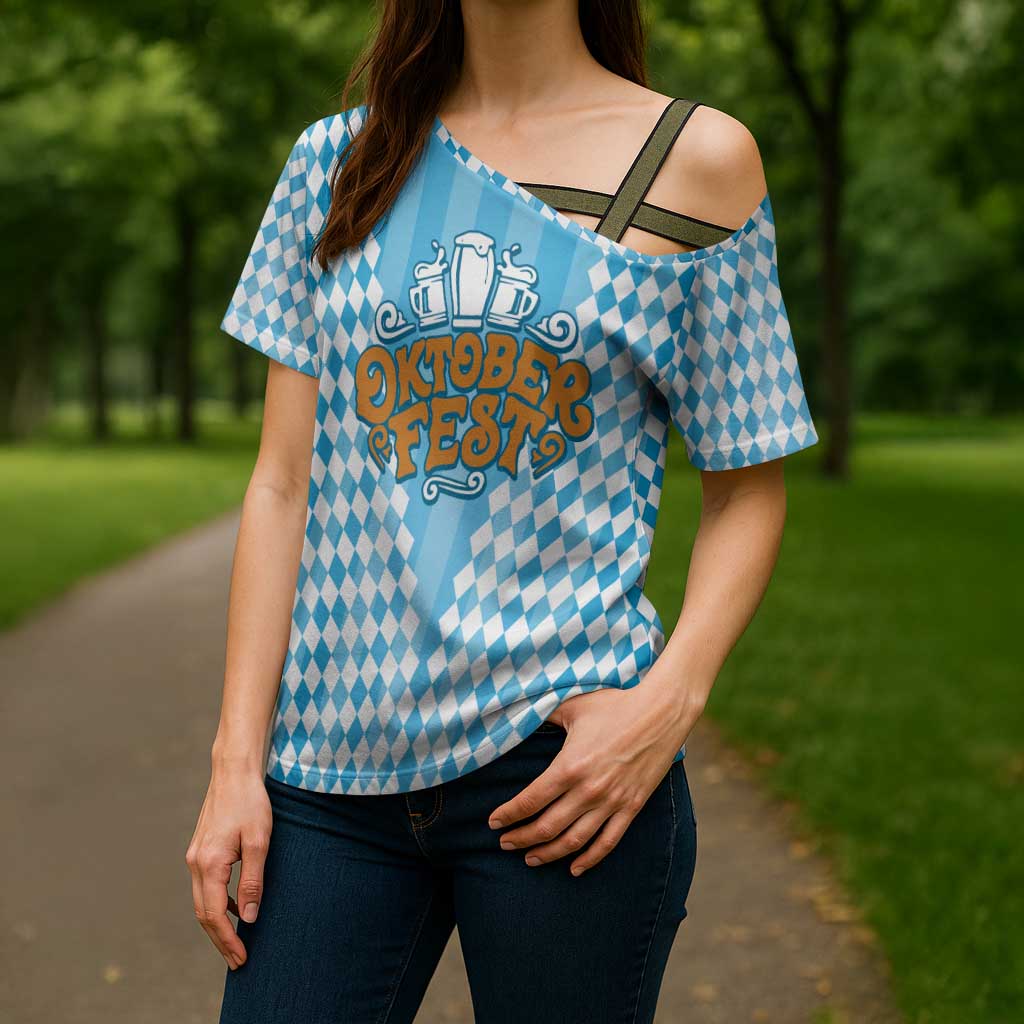 Oktoberfest Cross Shoulder Shirt with Beer Glass Illustration Blue White Diamond - Wonder Print Shop