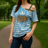 Oktoberfest Cross Shoulder Shirt with Beer Glass Illustration Blue White Diamond - Wonder Print Shop