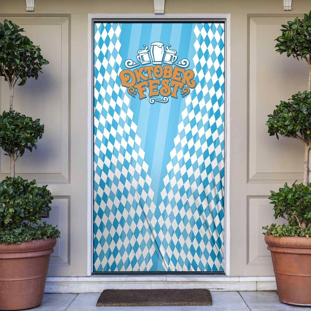 Oktoberfest Door Cover with Beer Glass Illustration Blue White Diamond - Wonder Print Shop