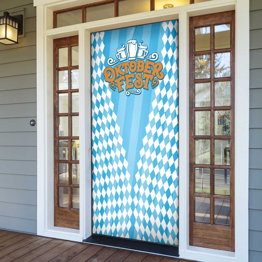 Oktoberfest Door Cover with Beer Glass Illustration Blue White Diamond - Wonder Print Shop