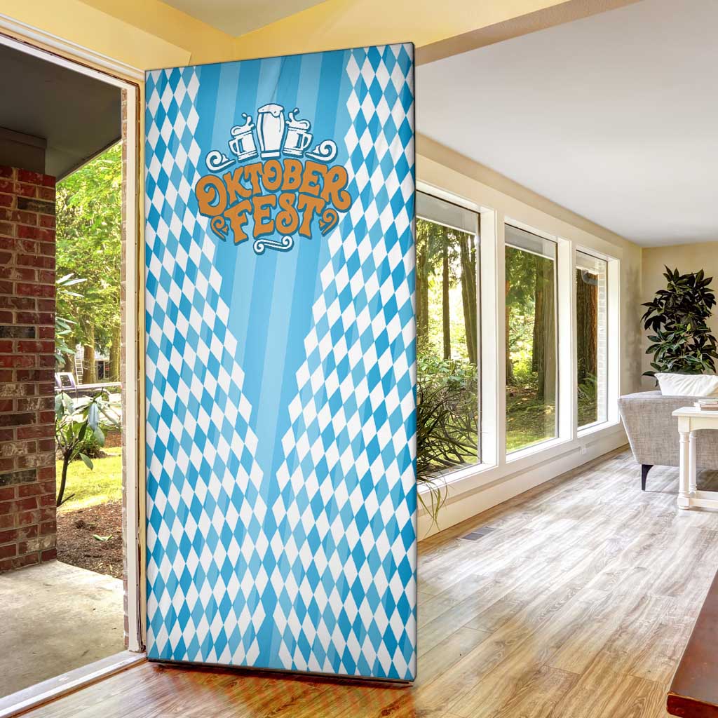 Oktoberfest Door Cover with Beer Glass Illustration Blue White Diamond - Wonder Print Shop