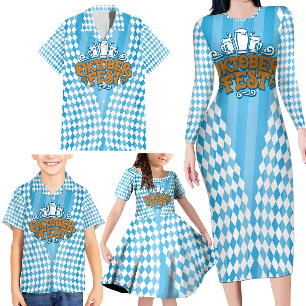 Oktoberfest Family Matching Long Sleeve Bodycon Dress and Hawaiian Shirt with Beer Glass Illustration Blue White Diamond - Wonder Print Shop
