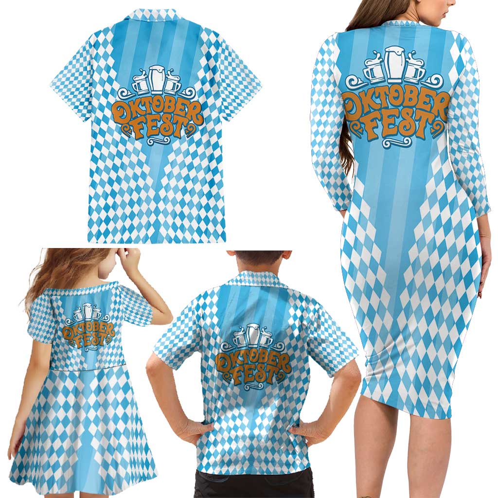 Oktoberfest Family Matching Long Sleeve Bodycon Dress and Hawaiian Shirt with Beer Glass Illustration Blue White Diamond - Wonder Print Shop