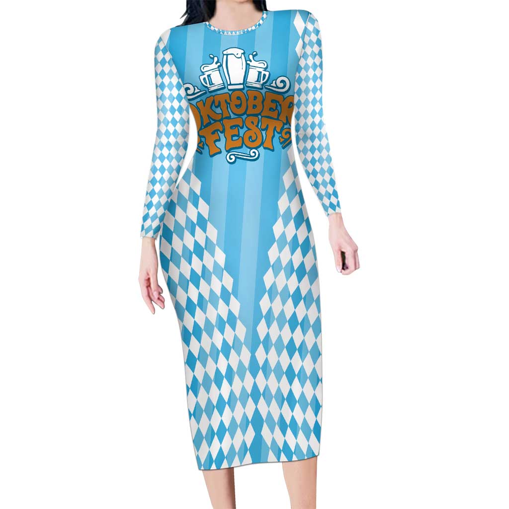 Oktoberfest Family Matching Long Sleeve Bodycon Dress and Hawaiian Shirt with Beer Glass Illustration Blue White Diamond - Wonder Print Shop