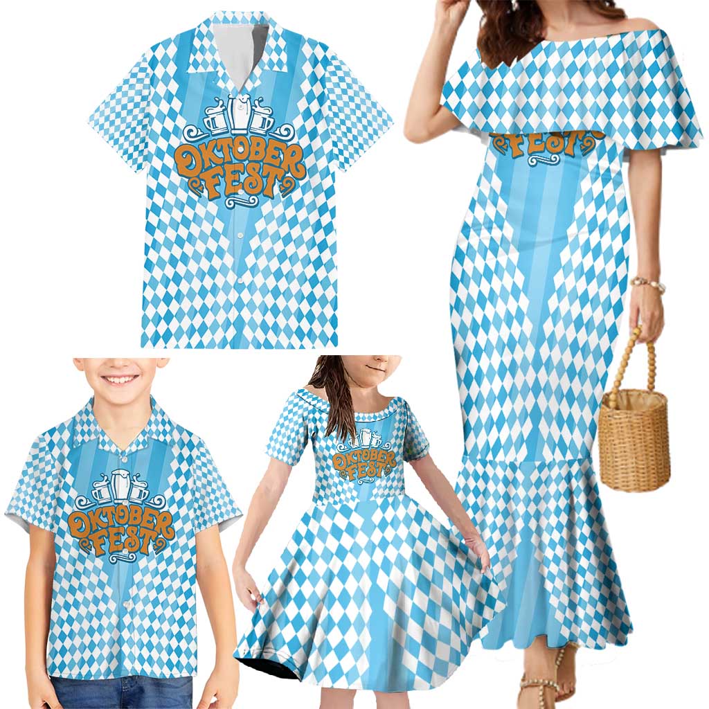 Oktoberfest Family Matching Mermaid Dress and Hawaiian Shirt with Beer Glass Illustration Blue White Diamond - Wonder Print Shop