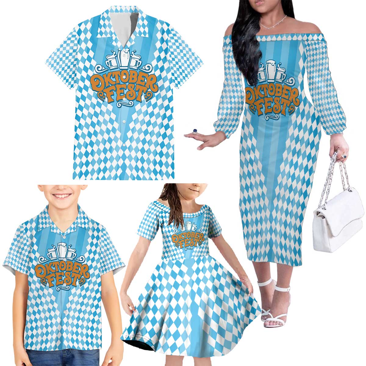 Oktoberfest Family Matching Off The Shoulder Long Sleeve Dress and Hawaiian Shirt with Beer Glass Illustration Blue White Diamond - Wonder Print Shop