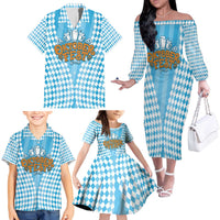 Oktoberfest Family Matching Off The Shoulder Long Sleeve Dress and Hawaiian Shirt with Beer Glass Illustration Blue White Diamond - Wonder Print Shop