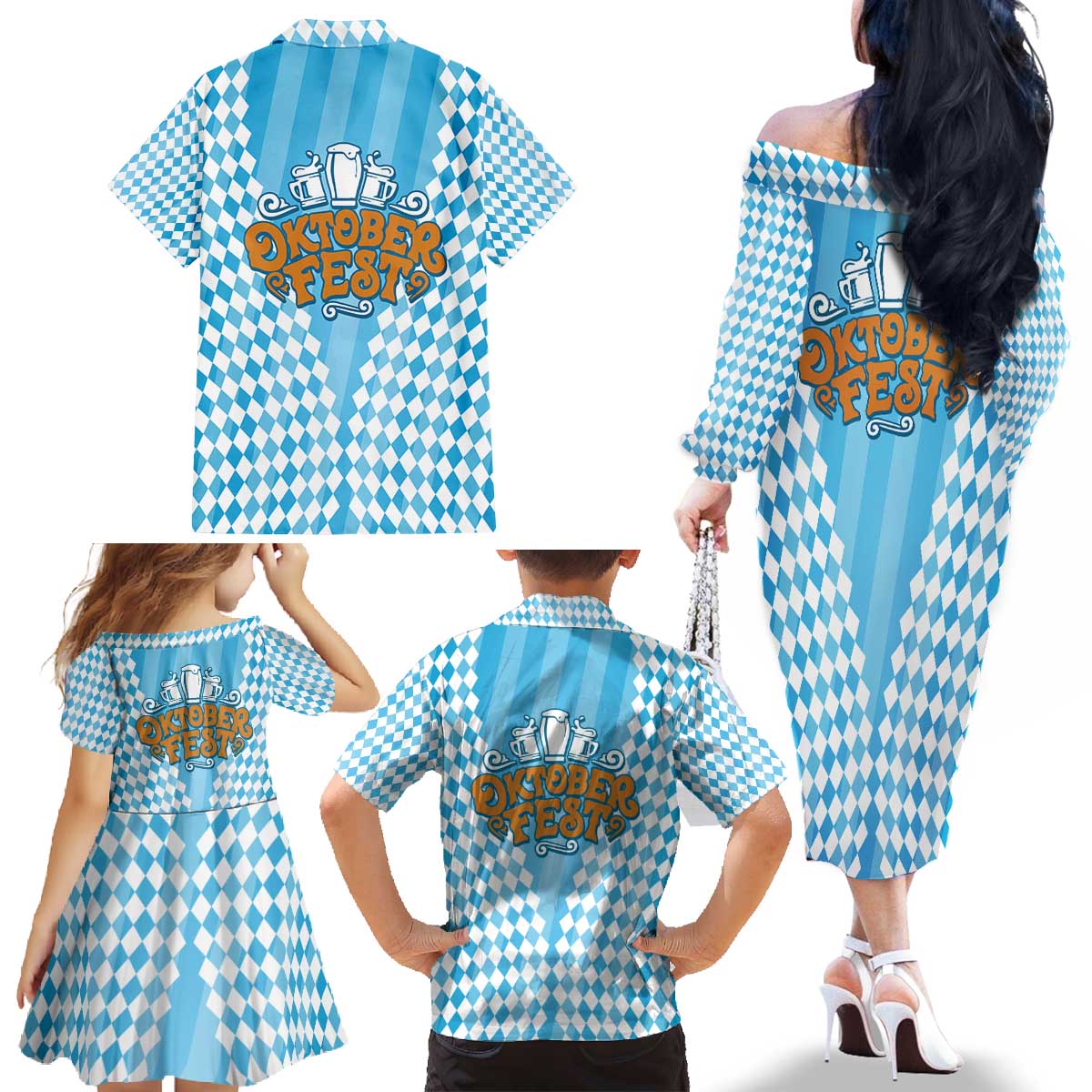 Oktoberfest Family Matching Off The Shoulder Long Sleeve Dress and Hawaiian Shirt with Beer Glass Illustration Blue White Diamond - Wonder Print Shop