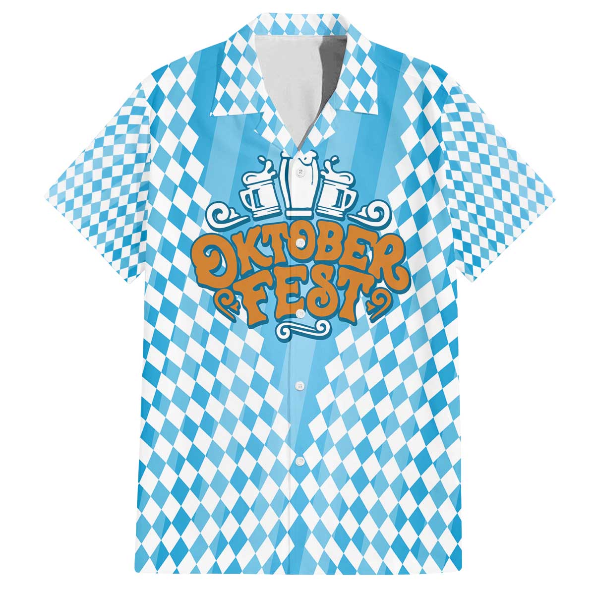 Oktoberfest Family Matching Off The Shoulder Long Sleeve Dress and Hawaiian Shirt with Beer Glass Illustration Blue White Diamond - Wonder Print Shop