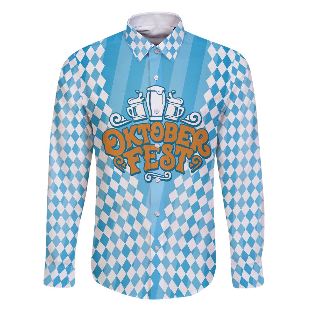 Oktoberfest Family Matching Off The Shoulder Long Sleeve Dress and Hawaiian Shirt with Beer Glass Illustration Blue White Diamond - Wonder Print Shop