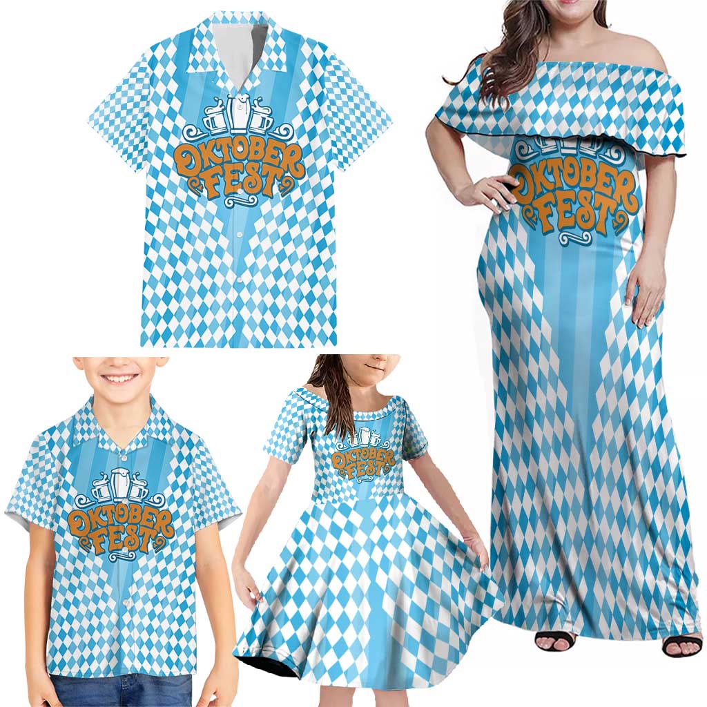 Oktoberfest Family Matching Off Shoulder Maxi Dress and Hawaiian Shirt with Beer Glass Illustration Blue White Diamond - Wonder Print Shop