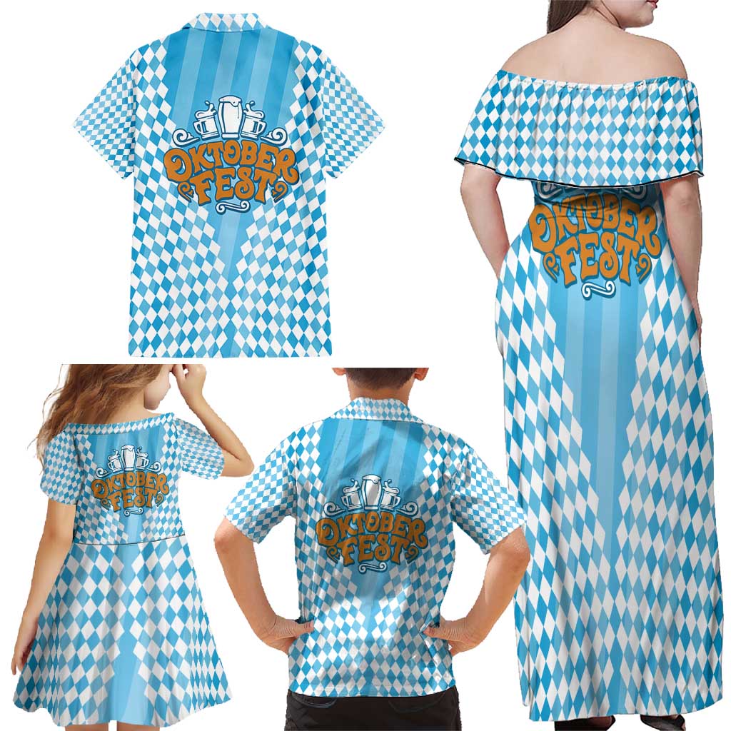 Oktoberfest Family Matching Off Shoulder Maxi Dress and Hawaiian Shirt with Beer Glass Illustration Blue White Diamond - Wonder Print Shop