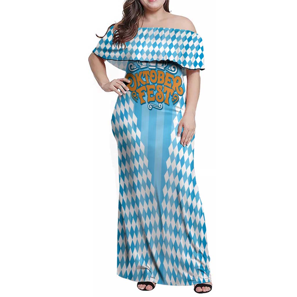 Oktoberfest Family Matching Off Shoulder Maxi Dress and Hawaiian Shirt with Beer Glass Illustration Blue White Diamond - Wonder Print Shop
