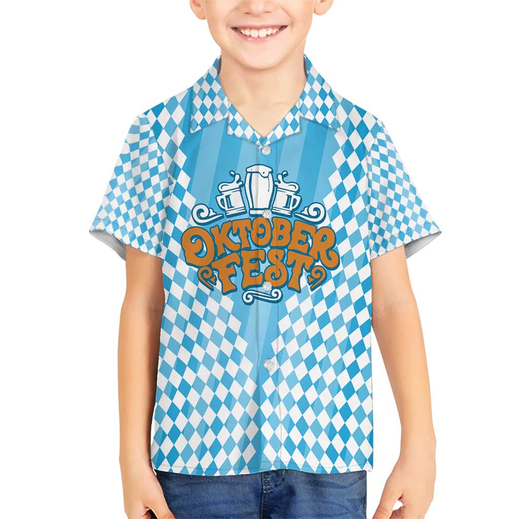 Oktoberfest Family Matching Off Shoulder Maxi Dress and Hawaiian Shirt with Beer Glass Illustration Blue White Diamond - Wonder Print Shop