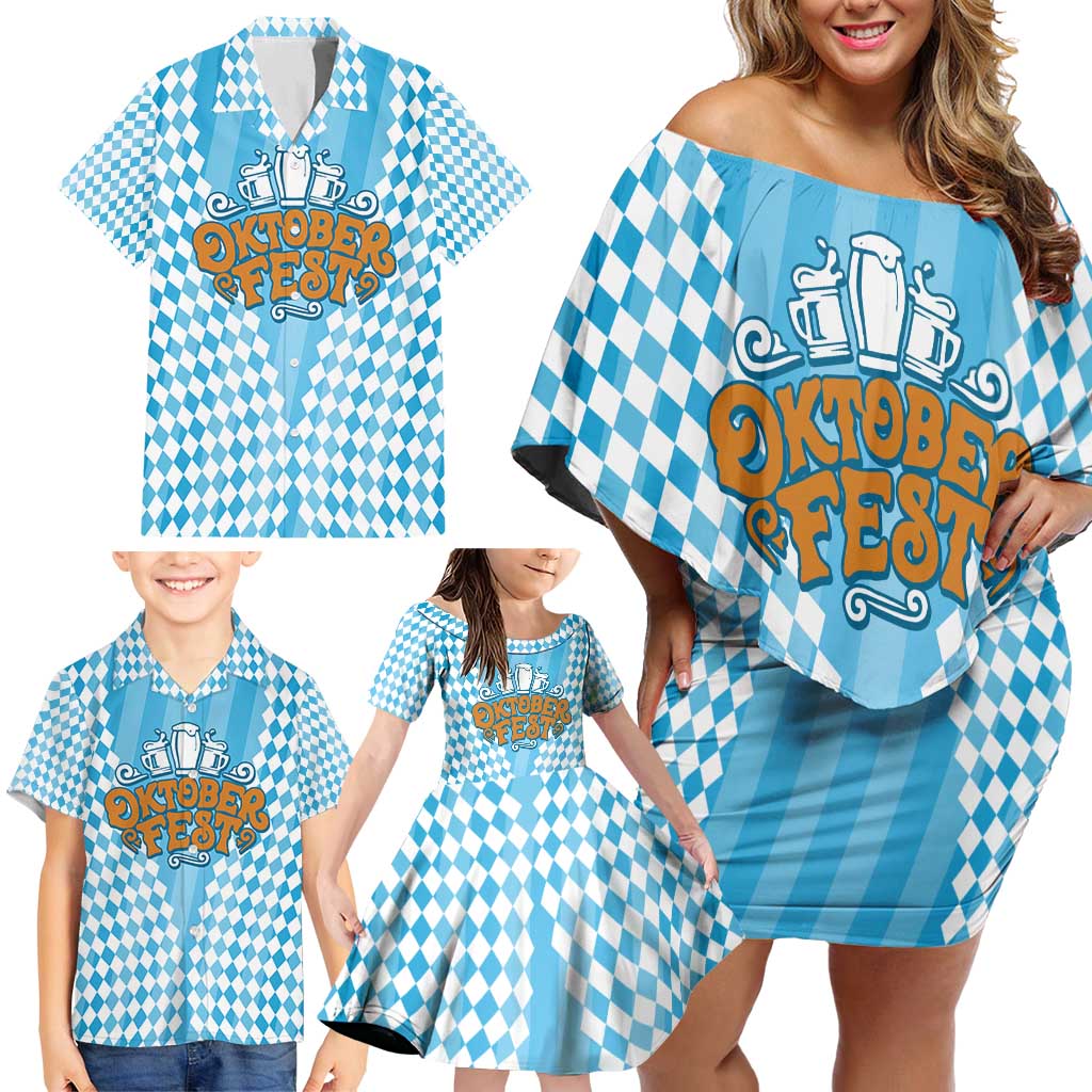 Oktoberfest Family Matching Off Shoulder Short Dress and Hawaiian Shirt with Beer Glass Illustration Blue White Diamond - Wonder Print Shop
