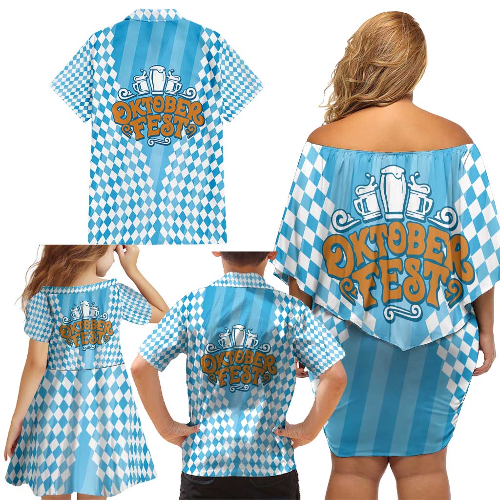 Oktoberfest Family Matching Off Shoulder Short Dress and Hawaiian Shirt with Beer Glass Illustration Blue White Diamond - Wonder Print Shop