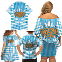 Oktoberfest Family Matching Off Shoulder Short Dress and Hawaiian Shirt with Beer Glass Illustration Blue White Diamond - Wonder Print Shop
