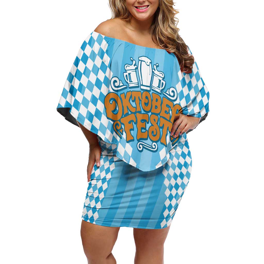 Oktoberfest Family Matching Off Shoulder Short Dress and Hawaiian Shirt with Beer Glass Illustration Blue White Diamond - Wonder Print Shop