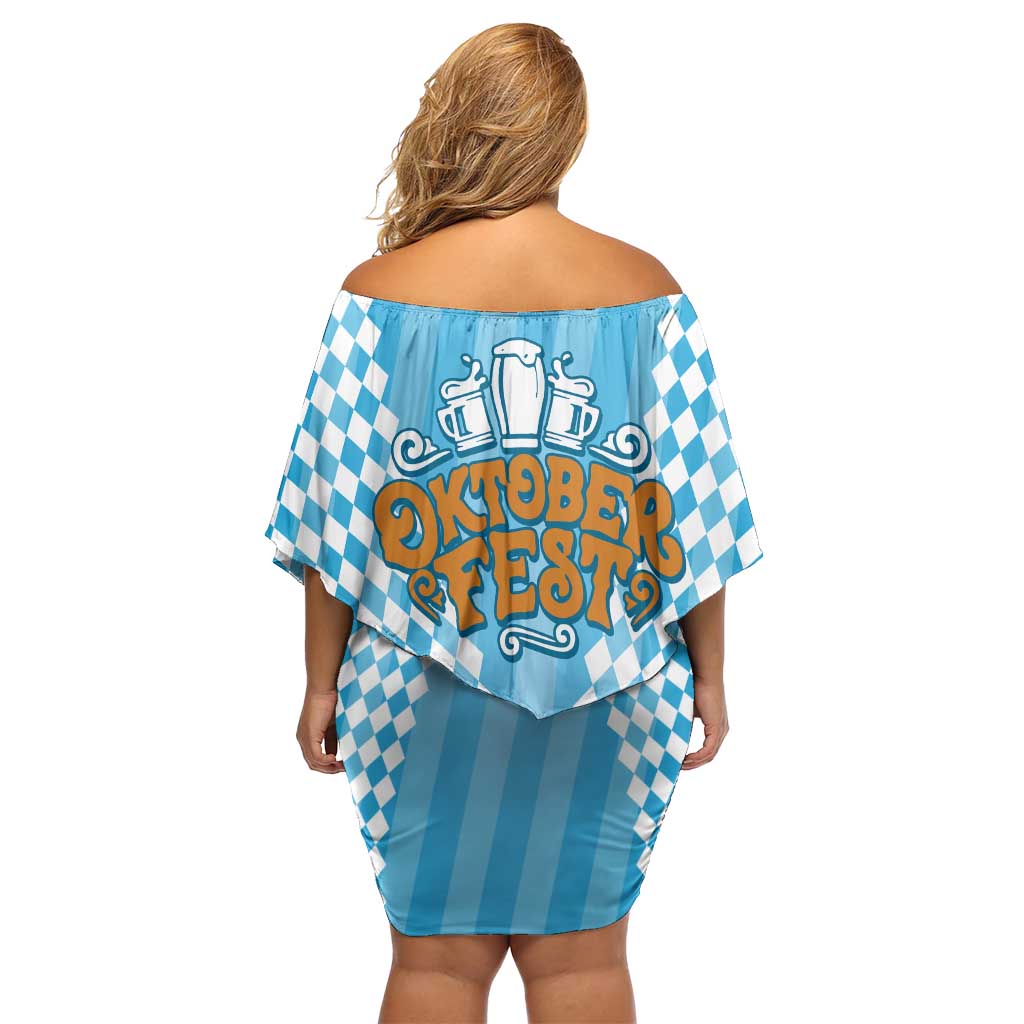 Oktoberfest Family Matching Off Shoulder Short Dress and Hawaiian Shirt with Beer Glass Illustration Blue White Diamond - Wonder Print Shop