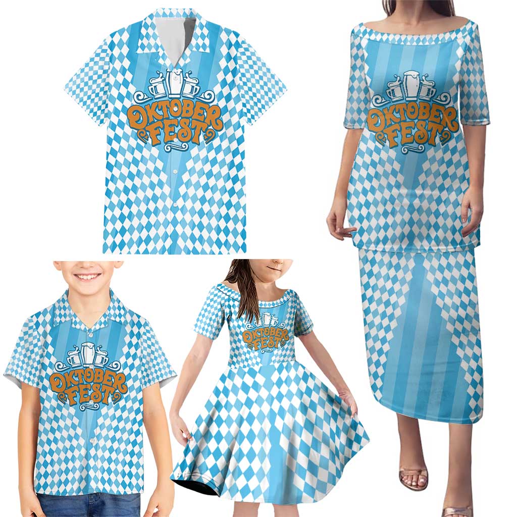 Oktoberfest Family Matching Puletasi and Hawaiian Shirt with Beer Glass Illustration Blue White Diamond - Wonder Print Shop