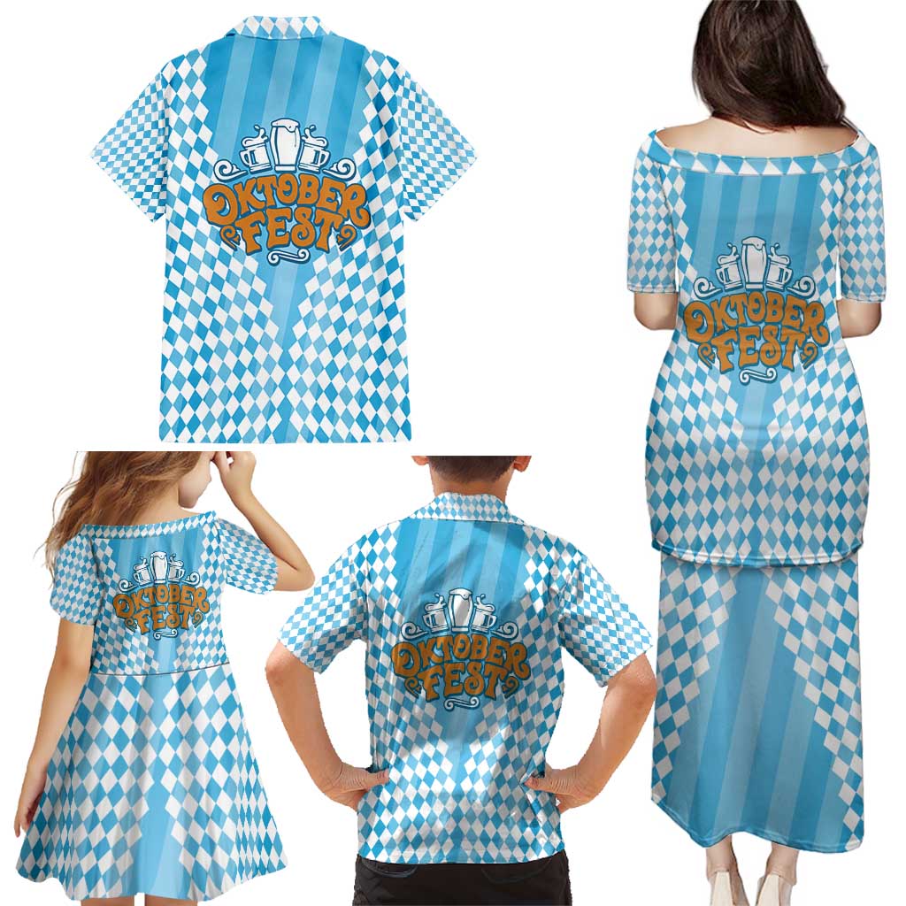 Oktoberfest Family Matching Puletasi and Hawaiian Shirt with Beer Glass Illustration Blue White Diamond - Wonder Print Shop