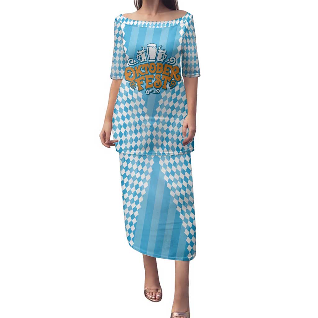 Oktoberfest Family Matching Puletasi and Hawaiian Shirt with Beer Glass Illustration Blue White Diamond - Wonder Print Shop