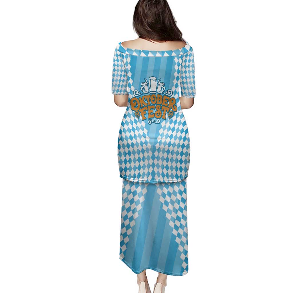 Oktoberfest Family Matching Puletasi and Hawaiian Shirt with Beer Glass Illustration Blue White Diamond - Wonder Print Shop