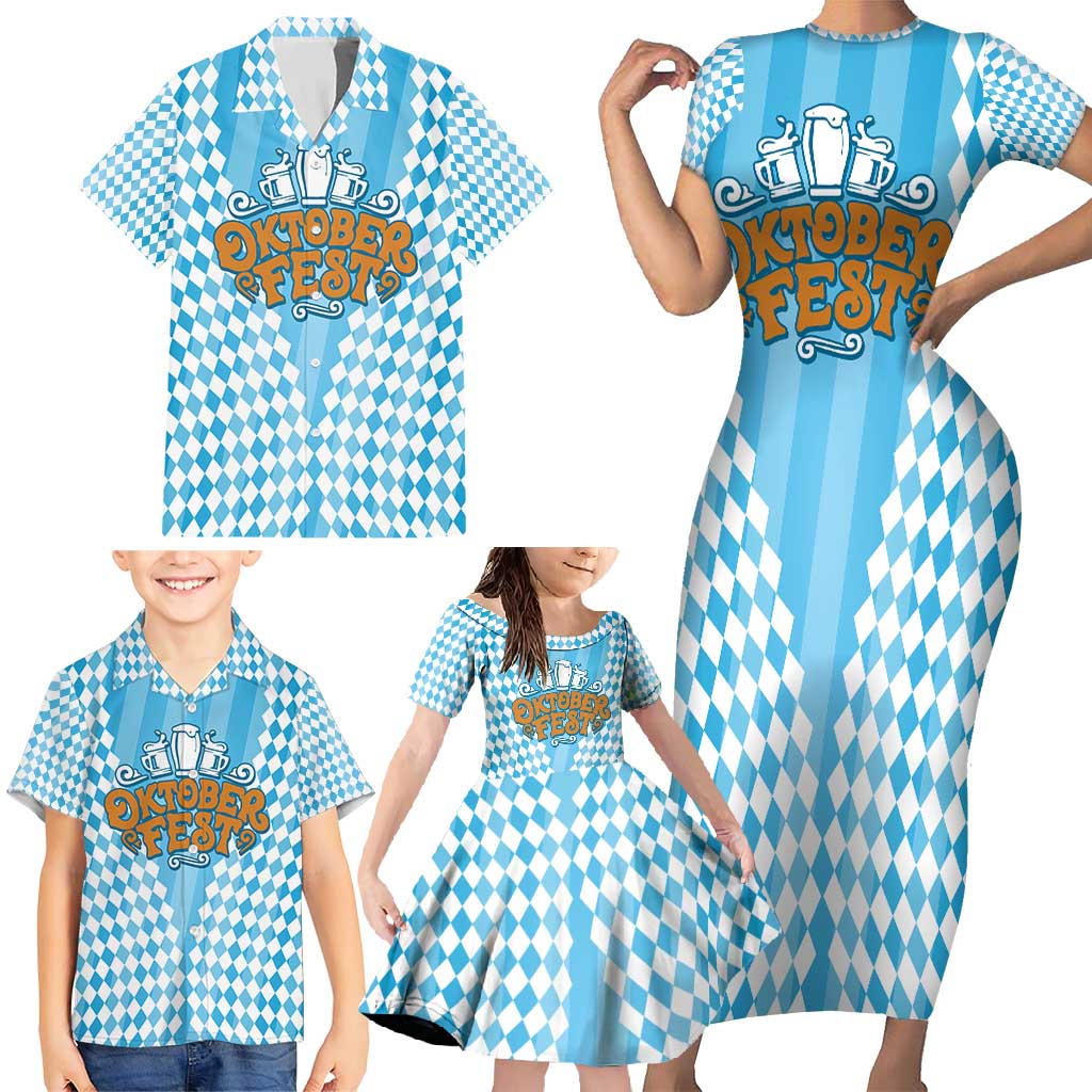 Oktoberfest Family Matching Short Sleeve Bodycon Dress and Hawaiian Shirt with Beer Glass Illustration Blue White Diamond - Wonder Print Shop