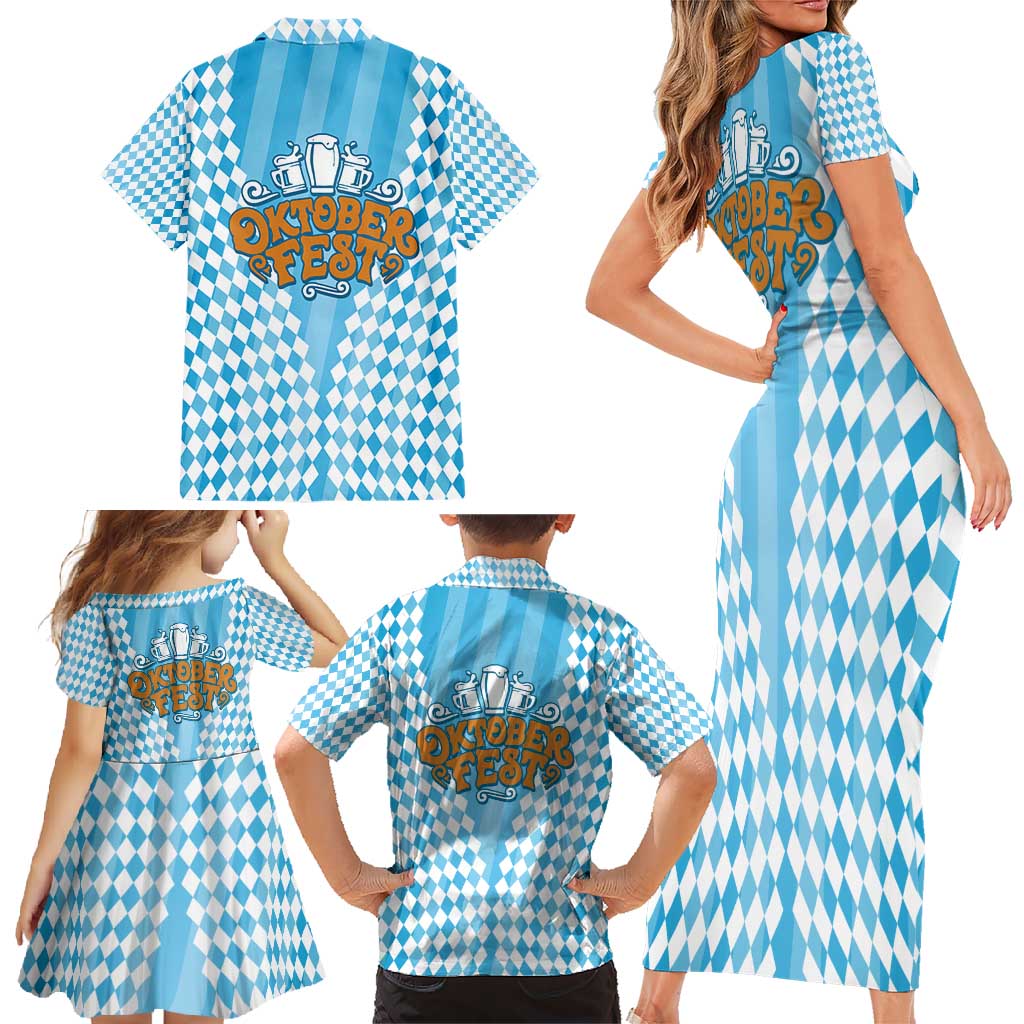 Oktoberfest Family Matching Short Sleeve Bodycon Dress and Hawaiian Shirt with Beer Glass Illustration Blue White Diamond - Wonder Print Shop