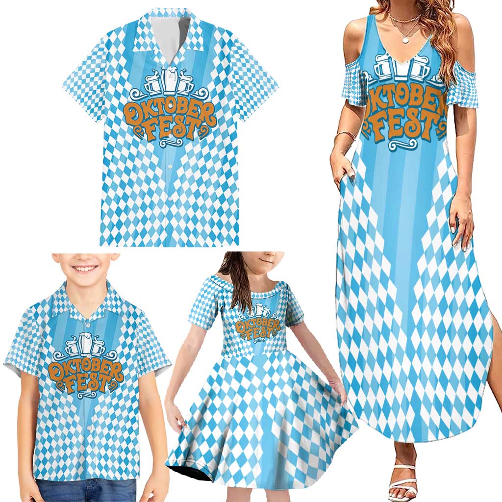 Oktoberfest Family Matching Summer Maxi Dress and Hawaiian Shirt with Beer Glass Illustration Blue White Diamond - Wonder Print Shop