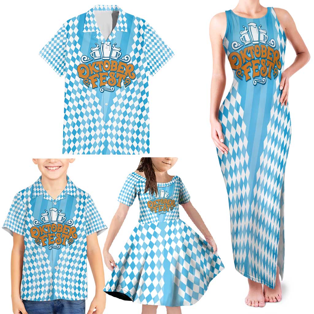 Oktoberfest Family Matching Tank Maxi Dress and Hawaiian Shirt with Beer Glass Illustration Blue White Diamond - Wonder Print Shop