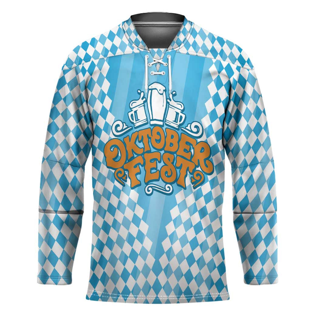 Oktoberfest Hockey Jersey with Beer Glass Illustration Blue White Diamond - Wonder Print Shop