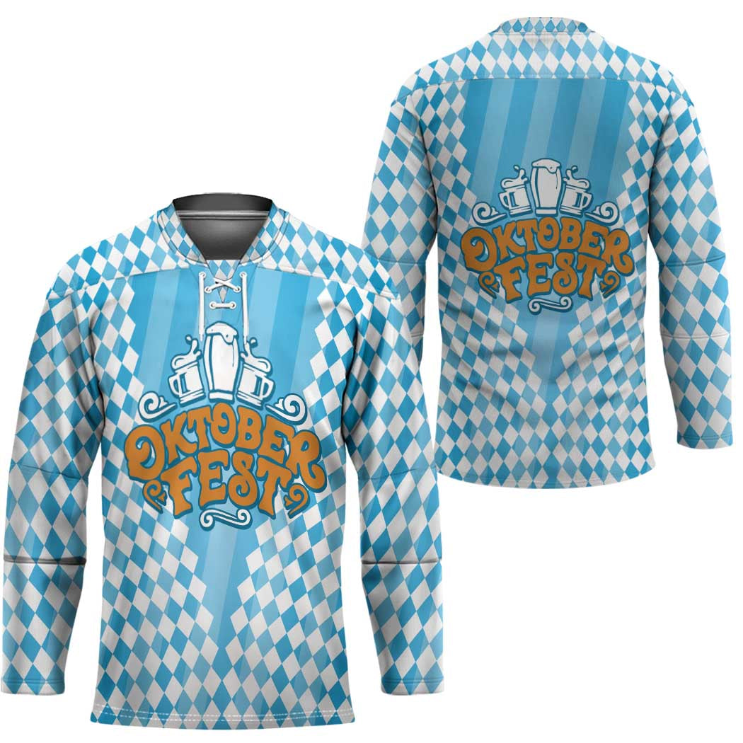 Oktoberfest Hockey Jersey with Beer Glass Illustration Blue White Diamond - Wonder Print Shop