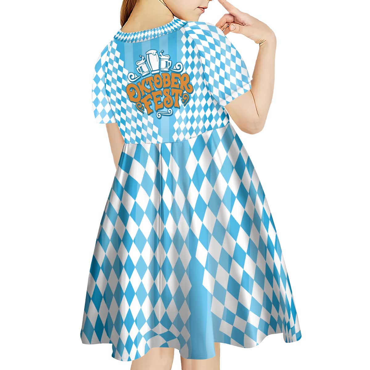 Oktoberfest Kid Short Sleeve Dress with Beer Glass Illustration Blue White Diamond - Wonder Print Shop