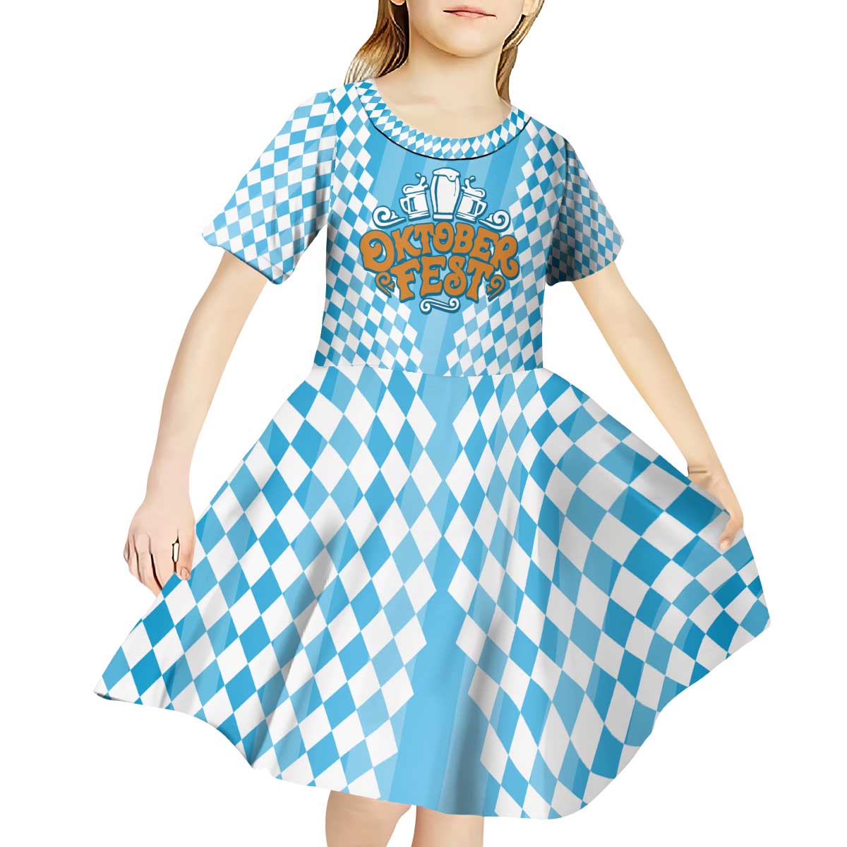 Oktoberfest Kid Short Sleeve Dress with Beer Glass Illustration Blue White Diamond - Wonder Print Shop