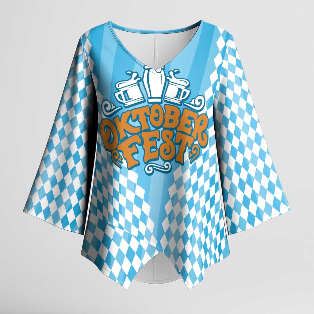 Oktoberfest Kimono Sleeve Blouse with Beer Glass Illustration Blue White Diamond - Wonder Print Shop