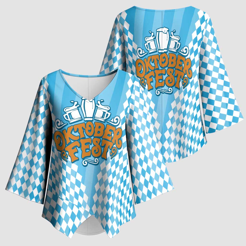 Oktoberfest Kimono Sleeve Blouse with Beer Glass Illustration Blue White Diamond - Wonder Print Shop