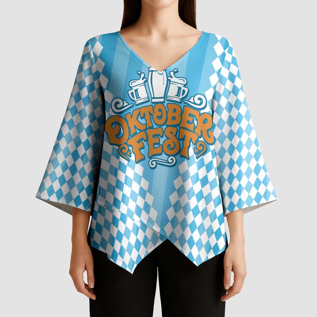 Oktoberfest Kimono Sleeve Blouse with Beer Glass Illustration Blue White Diamond - Wonder Print Shop