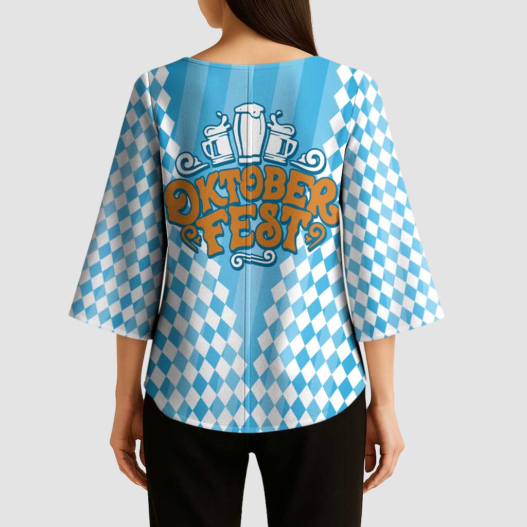 Oktoberfest Kimono Sleeve Blouse with Beer Glass Illustration Blue White Diamond - Wonder Print Shop