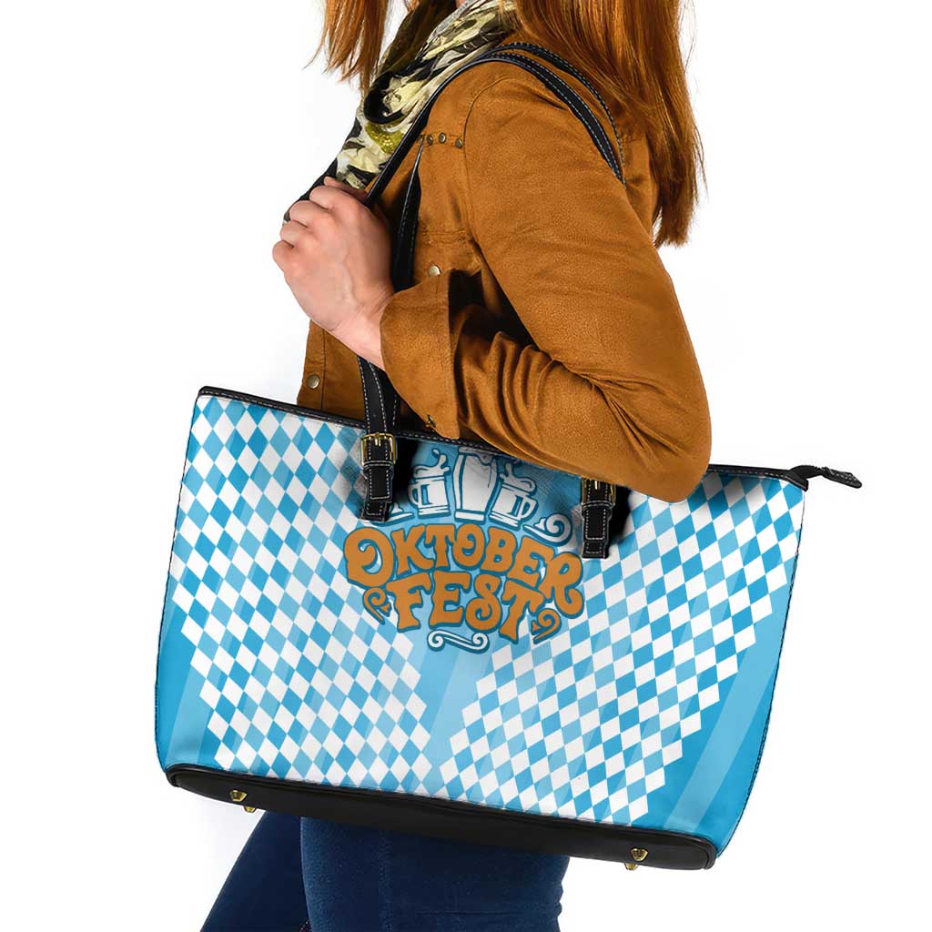 Oktoberfest Leather Tote Bag with Beer Glass Illustration Blue White Diamond - Wonder Print Shop