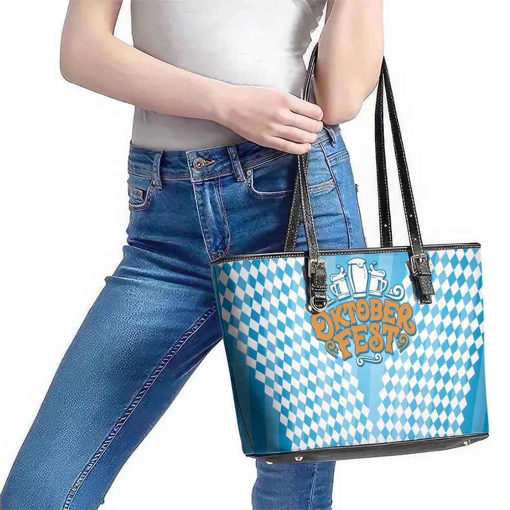 Oktoberfest Leather Tote Bag with Beer Glass Illustration Blue White Diamond - Wonder Print Shop