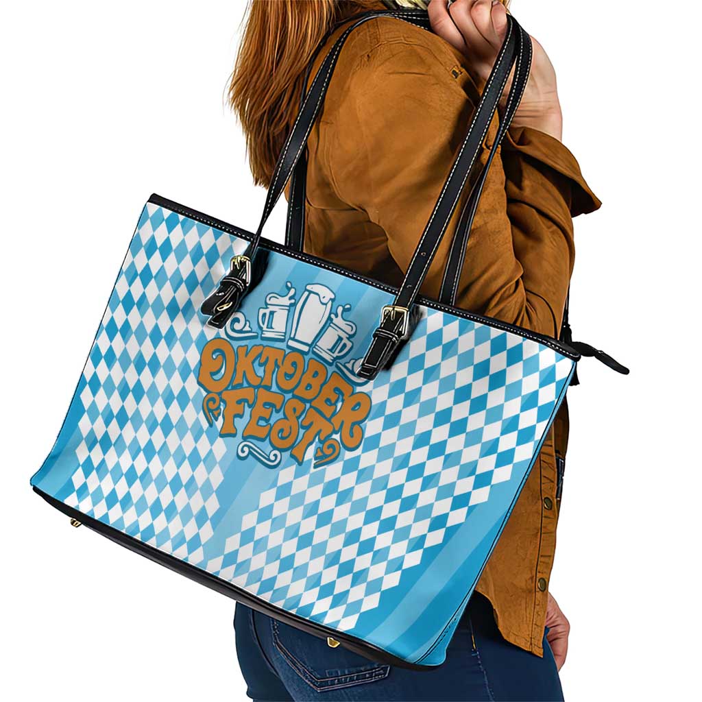 Oktoberfest Leather Tote Bag with Beer Glass Illustration Blue White Diamond - Wonder Print Shop