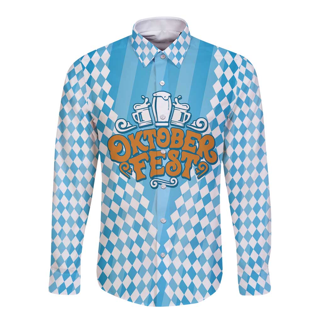 Oktoberfest Long Sleeve Button Shirt with Beer Glass Illustration Blue White Diamond - Wonder Print Shop