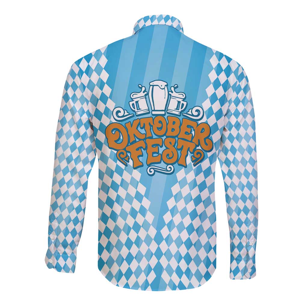 Oktoberfest Long Sleeve Button Shirt with Beer Glass Illustration Blue White Diamond - Wonder Print Shop