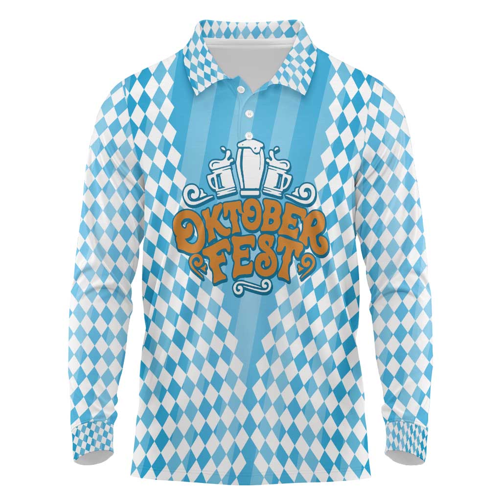 Oktoberfest Long Sleeve Polo Shirt with Beer Glass Illustration Blue White Diamond - Wonder Print Shop